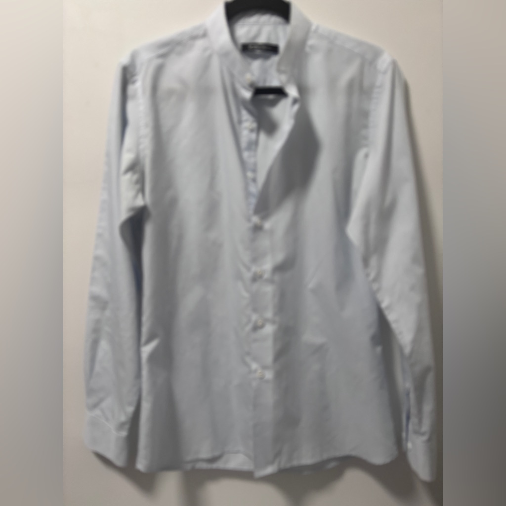 Crown White  Blue Stripes Slim Fit Band Collar Custom Made Mens Shirt Size S